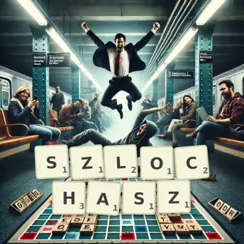 Kreatywna ilustracja do gry w Scrabble ze słowem SZLOCHASZ ułożonym z płytek na planszy.