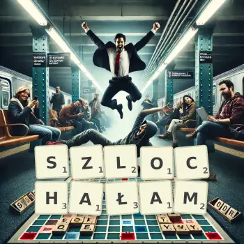 Kreatywna ilustracja do gry w Scrabble ze słowem SZLOCHAŁAM ułożonym z płytek na planszy.