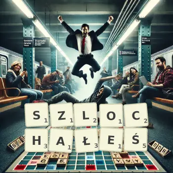 Kreatywna ilustracja do gry w Scrabble ze słowem SZLOCHAŁEŚ ułożonym z płytek na planszy.