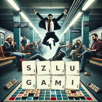 Kreatywna ilustracja do gry w Scrabble ze słowem SZLUGAMI ułożonym z płytek na planszy.