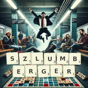 Kreatywna ilustracja do gry w Scrabble ze słowem SZLUMBERGER ułożonym z płytek na planszy.