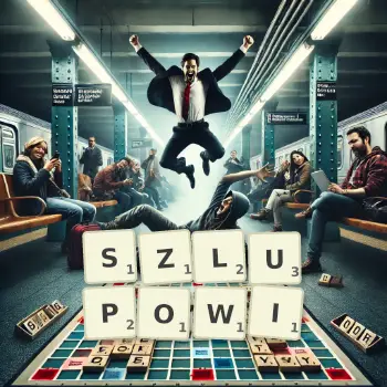 Kreatywna ilustracja do gry w Scrabble ze słowem SZLUPOWI ułożonym z płytek na planszy.