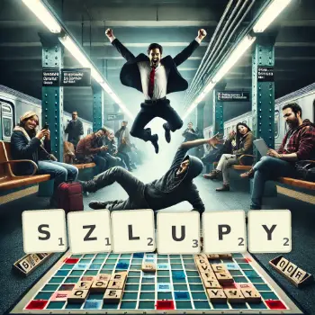 Kreatywna ilustracja do gry w Scrabble ze słowem SZLUPY ułożonym z płytek na planszy.