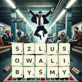 Kreatywna ilustracja do gry w Scrabble ze słowem SZLUSOWALIBYŚMY ułożonym z płytek na planszy.