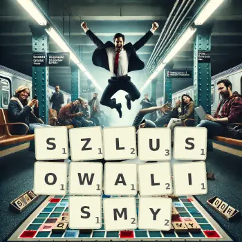 Kreatywna ilustracja do gry w Scrabble ze słowem SZLUSOWALISMY ułożonym z płytek na planszy.