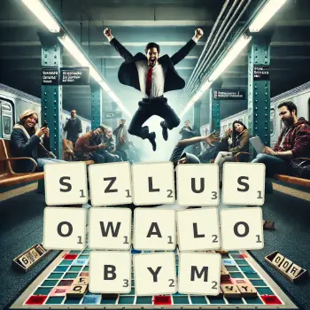Kreatywna ilustracja do gry w Scrabble ze słowem SZLUSOWALOBYM ułożonym z płytek na planszy.