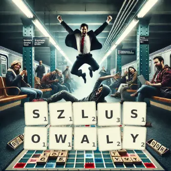 Kreatywna ilustracja do gry w Scrabble ze słowem SZLUSOWALY ułożonym z płytek na planszy.