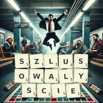 Kreatywna ilustracja do gry w Scrabble ze słowem SZLUSOWALYSCIE ułożonym z płytek na planszy.