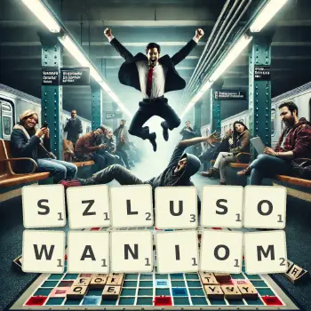 Kreatywna ilustracja do gry w Scrabble ze słowem SZLUSOWANIOM ułożonym z płytek na planszy.