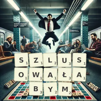 Kreatywna ilustracja do gry w Scrabble ze słowem SZLUSOWAŁABYM ułożonym z płytek na planszy.