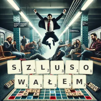 Kreatywna ilustracja do gry w Scrabble ze słowem SZLUSOWAŁEM ułożonym z płytek na planszy.