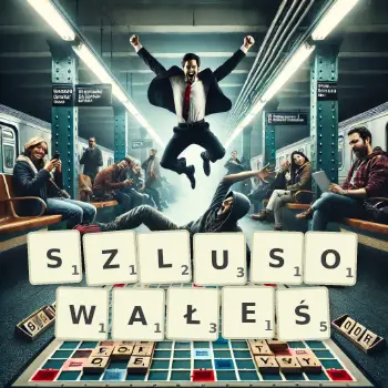 Kreatywna ilustracja do gry w Scrabble ze słowem SZLUSOWAŁEŚ ułożonym z płytek na planszy.