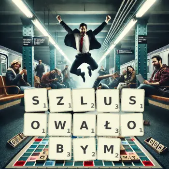 Kreatywna ilustracja do gry w Scrabble ze słowem SZLUSOWAŁOBYM ułożonym z płytek na planszy.