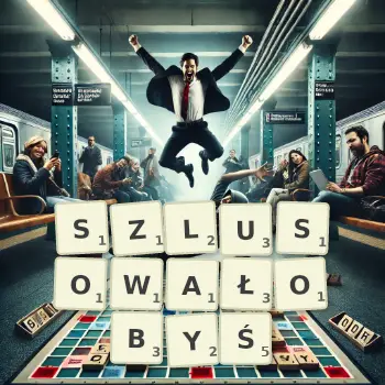 Kreatywna ilustracja do gry w Scrabble ze słowem SZLUSOWAŁOBYŚ ułożonym z płytek na planszy.