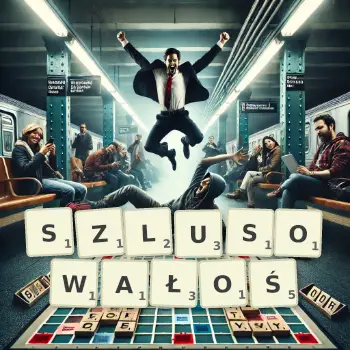 Kreatywna ilustracja do gry w Scrabble ze słowem SZLUSOWAŁOŚ ułożonym z płytek na planszy.