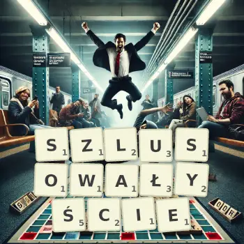 Kreatywna ilustracja do gry w Scrabble ze słowem SZLUSOWAŁYŚCIE ułożonym z płytek na planszy.