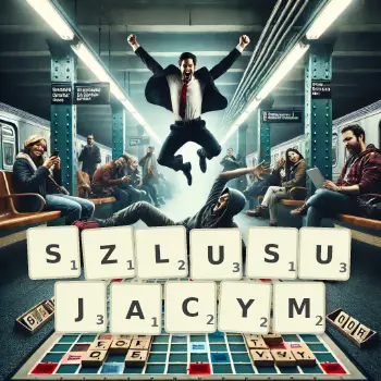Kreatywna ilustracja do gry w Scrabble ze słowem SZLUSUJACYM ułożonym z płytek na planszy.