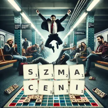 Kreatywna ilustracja do gry w Scrabble ze słowem SZMACENI ułożonym z płytek na planszy.