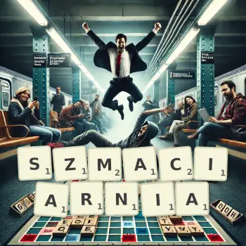 Kreatywna ilustracja do gry w Scrabble ze słowem SZMACIARNIA ułożonym z płytek na planszy.