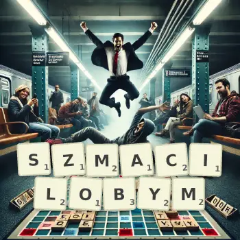 Kreatywna ilustracja do gry w Scrabble ze słowem SZMACILOBYM ułożonym z płytek na planszy.