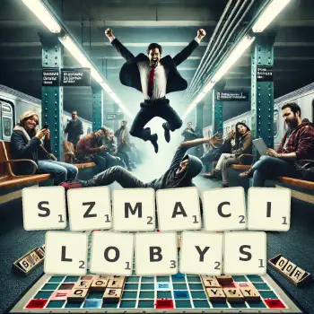 Kreatywna ilustracja do gry w Scrabble ze słowem SZMACILOBYS ułożonym z płytek na planszy.