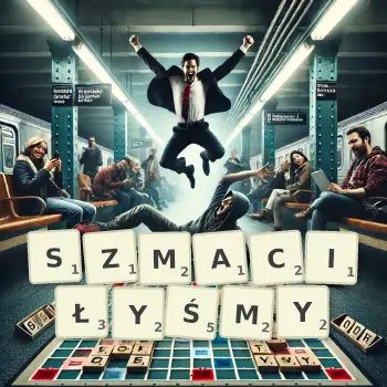 Kreatywna ilustracja do gry w Scrabble ze słowem SZMACIŁYŚMY ułożonym z płytek na planszy.