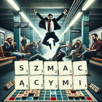 Kreatywna ilustracja do gry w Scrabble ze słowem SZMACĄCYMI ułożonym z płytek na planszy.