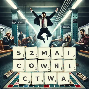 Kreatywna ilustracja do gry w Scrabble ze słowem SZMALCOWNICTWA ułożonym z płytek na planszy.