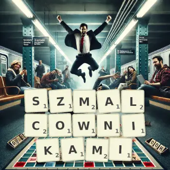 Kreatywna ilustracja do gry w Scrabble ze słowem SZMALCOWNIKAMI ułożonym z płytek na planszy.