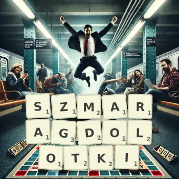 Kreatywna ilustracja do gry w Scrabble ze słowem SZMARAGDOLOTKI ułożonym z płytek na planszy.