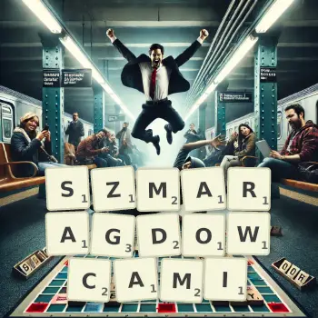Kreatywna ilustracja do gry w Scrabble ze słowem SZMARAGDOWCAMI ułożonym z płytek na planszy.