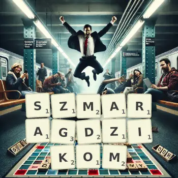 Kreatywna ilustracja do gry w Scrabble ze słowem SZMARAGDZIKOM ułożonym z płytek na planszy.