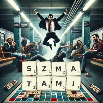 Kreatywna ilustracja do gry w Scrabble ze słowem SZMATAMI ułożonym z płytek na planszy.