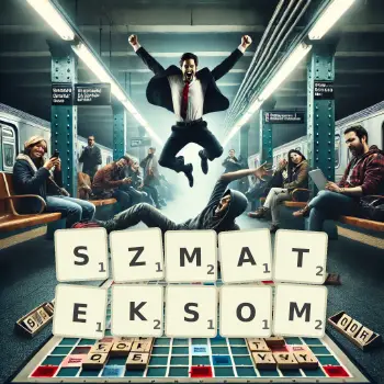 Kreatywna ilustracja do gry w Scrabble ze słowem SZMATEKSOM ułożonym z płytek na planszy.