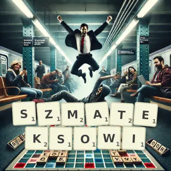 Kreatywna ilustracja do gry w Scrabble ze słowem SZMATEKSOWI ułożonym z płytek na planszy.