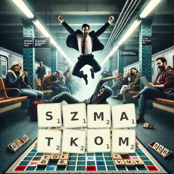 Kreatywna ilustracja do gry w Scrabble ze słowem SZMATKOM ułożonym z płytek na planszy.