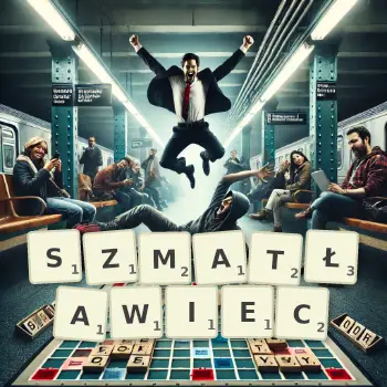Kreatywna ilustracja do gry w Scrabble ze słowem SZMATŁAWIEC ułożonym z płytek na planszy.