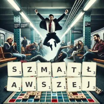 Kreatywna ilustracja do gry w Scrabble ze słowem SZMATŁAWSZEJ ułożonym z płytek na planszy.