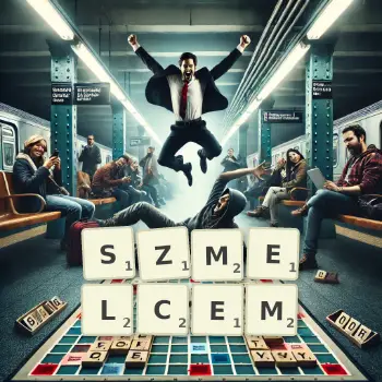 Kreatywna ilustracja do gry w Scrabble ze słowem SZMELCEM ułożonym z płytek na planszy.