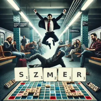 Kreatywna ilustracja do gry w Scrabble ze słowem SZMER ułożonym z płytek na planszy.