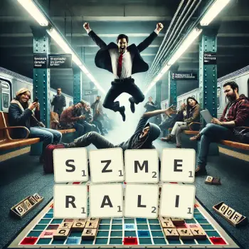Kreatywna ilustracja do gry w Scrabble ze słowem SZMERALI ułożonym z płytek na planszy.