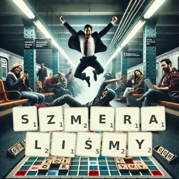 Kreatywna ilustracja do gry w Scrabble ze słowem SZMERALIŚMY ułożonym z płytek na planszy.