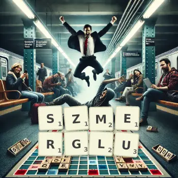Kreatywna ilustracja do gry w Scrabble ze słowem SZMERGLU ułożonym z płytek na planszy.