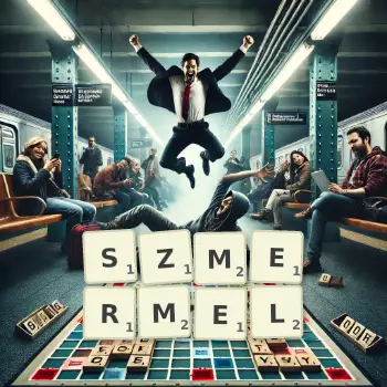 Kreatywna ilustracja do gry w Scrabble ze słowem SZMERMEL ułożonym z płytek na planszy.