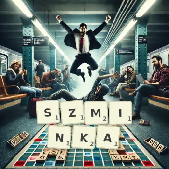 Kreatywna ilustracja do gry w Scrabble ze słowem SZMINKA ułożonym z płytek na planszy.
