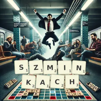 Kreatywna ilustracja do gry w Scrabble ze słowem SZMINKACH ułożonym z płytek na planszy.