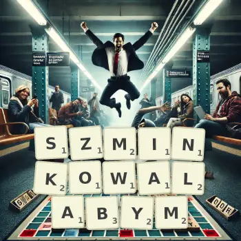 Kreatywna ilustracja do gry w Scrabble ze słowem SZMINKOWALABYM ułożonym z płytek na planszy.