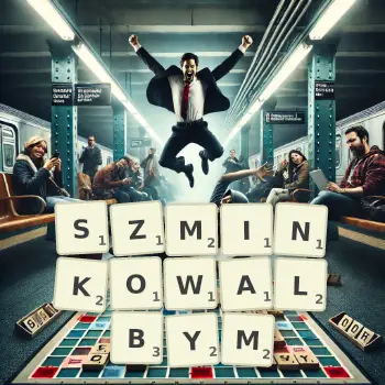 Kreatywna ilustracja do gry w Scrabble ze słowem SZMINKOWALBYM ułożonym z płytek na planszy.