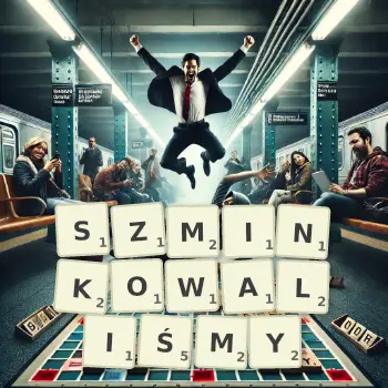 Kreatywna ilustracja do gry w Scrabble ze słowem SZMINKOWALIŚMY ułożonym z płytek na planszy.