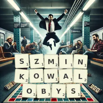 Kreatywna ilustracja do gry w Scrabble ze słowem SZMINKOWALOBYS ułożonym z płytek na planszy.